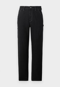 Pantaloni neri in cotone con vestibilità dritta, caratterizzati da cuciture bianche a contrasto e tasche laterali. Progettati con chiusura a bottone.