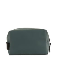 Borsa da toeletta rettangolare in silicone verde scuro, dotata di chiusura a cerniera e una tracolla laterale, texture liscia con finitura opaca.
