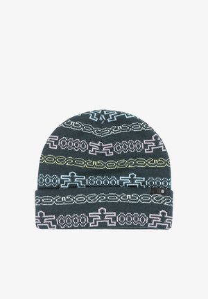 Schwarze gestrickte Mütze mit umgeschlagenem Bündchen, die durchgehend mit pastellblauen, rosa und gelben geometrischen und Kettenmustern gestrickt ist.