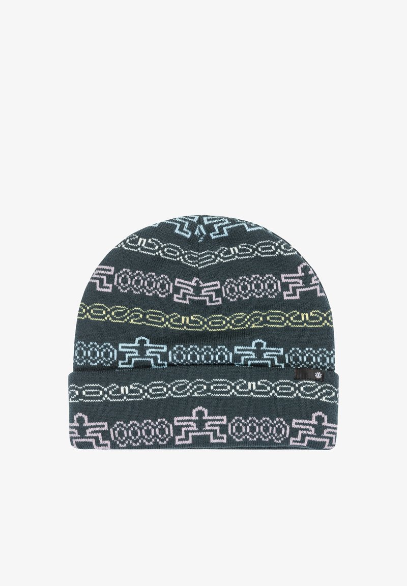 Schwarze gestrickte Mütze mit umgeschlagenem Bündchen, die durchgehend mit pastellblauen, rosa und gelben geometrischen und Kettenmustern gestrickt ist.