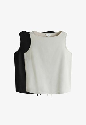 Două topuri scurte fără mâneci, unul negru și unul bej, suprapuse, cu gât rotund și design simplu.