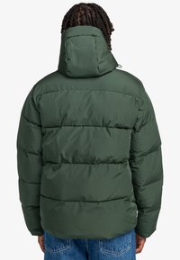 Giacca a vento verde scuro con cappuccio, con sezioni trapuntate, una superficie liscia e una vestibilità comoda. Cuciture rinforzate visibili.