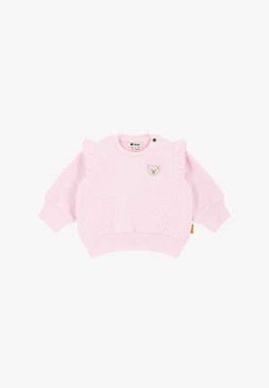 Roze peuter sweatshirt van textuurstof, met rimpelaccenten op de schouders, ronde halslijn en een berenpatch op de voorkant. Geribbelde manchetten en zoom.