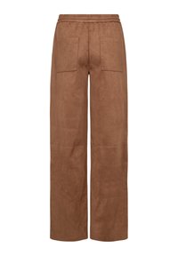 Brown faux suede wide-leg pants with an elastic waistband and two back pockets, featuring a smooth texture and a relaxed fit.