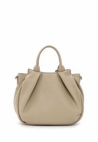 Beige leather handbag with soft, textured surface, a rounded shape, pleated sides, and short handles. Features a zippered side pocket.
