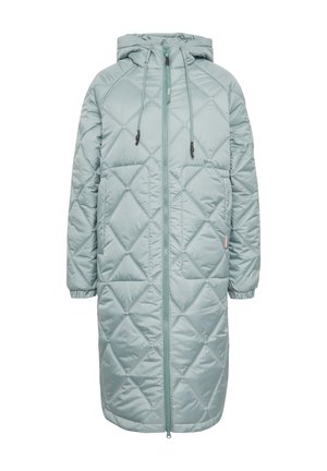 Gequilted lange jas in licht teal, met een capuchon, een rits aan de voorkant, elastische manchetten en zijzakken met een geometrisch diamanten patroon.