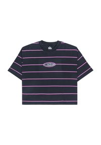 T-shirt unisexe à manches courtes noir avec des rayures horizontales roses et un logo Quiksilver central brodé en violet avec un contour blanc.