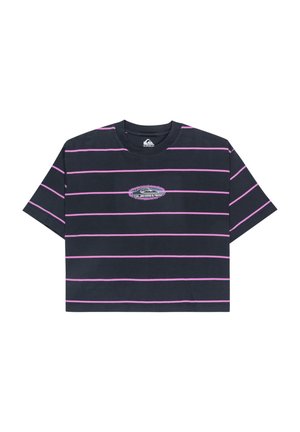 Short-sleeve black unisex t-shirt with horizontal pink stripes and a central Quiksilver logo embroidered in purple and white outline.