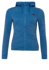 Veste bleue zippée intégrale à capuche avec manches longues, cordon de serrage à la capuche, poches latérales et logo The North Face sur la poitrine.