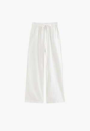 Pantalones blancos de corte holgado con cintura elástica y cordón delantero, que cuentan con bolsillos laterales y piernas rectas y anchas.