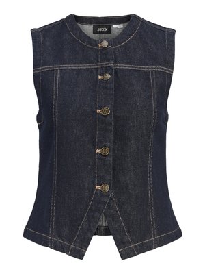 Mörk denim ärmlös väst med rundad halsringning, knappstängning fram och kontrasterande sömmar. Har en slits i nederkant för ökad rörelsefrihet.