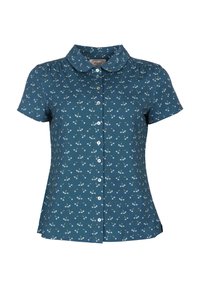 Teal short-sleeve shirt featuring a collar, button front, and a cherry pattern with light blue and yellow accents. Smooth fabric texture.