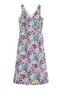 Robe midi florale avec un décolleté en V, sans manches, et un fond bleu clair orné de motifs floraux colorés en rose, jaune et vert.