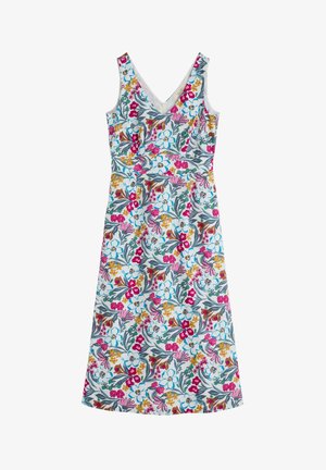 Abito midi floreale con scollatura a V, design senza maniche e uno sfondo azzurro chiaro con motivi floreali colorati in rosa, giallo e verde.