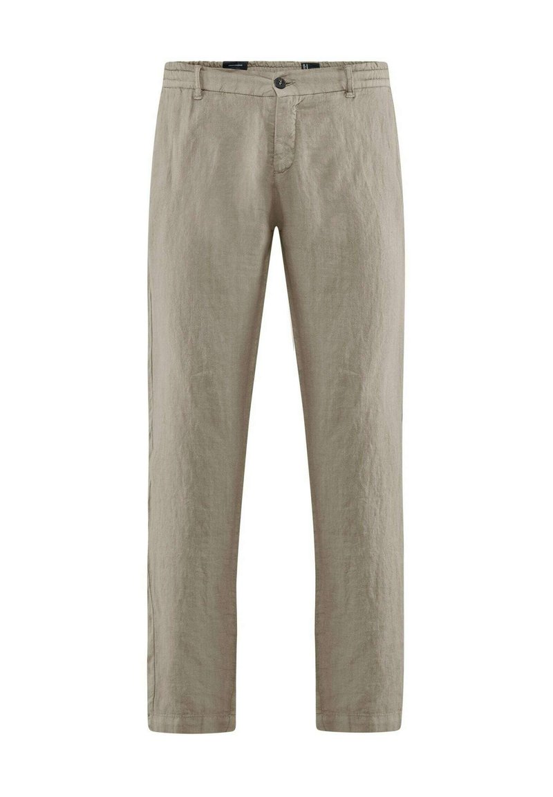 Pantaloni in lino beige con vestibilità dritta, dotati di chiusura con bottone, passanti per cintura e un aspetto morbido e texturizzato.