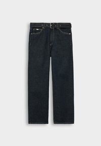 Dark blue straight-leg jeans with a matching belt, front pockets, and visible stitching on a plain light background.