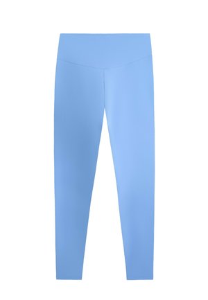 Leggings bleu clair, taille haute, longueur totale, avec une ceinture lisse, présentés sur fond blanc.