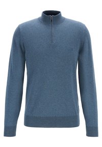 Niebieski wełniany sweter z zamkiem przy kołnierzu, długimi rękawami, prążkowanymi mankietami i dołem, z małym logo na lewej piersi.