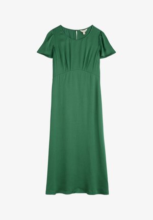 Groene jurk tot de knie met korte puffmouwen, ronde halslijn en subtiele plooidetails. Gemaakt van een gladde stof met een zachte textuur.