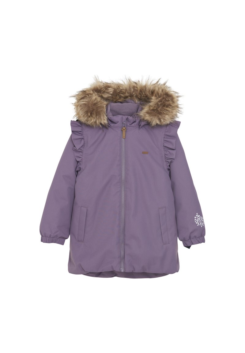 Lila Winterjacke mit abnehmbarem Kunstfellkapuze, Rüschendetails, Reißverschluss und zwei seitlichen Taschen. Mit einem Schneeflockendesign auf einem Ärmel.
