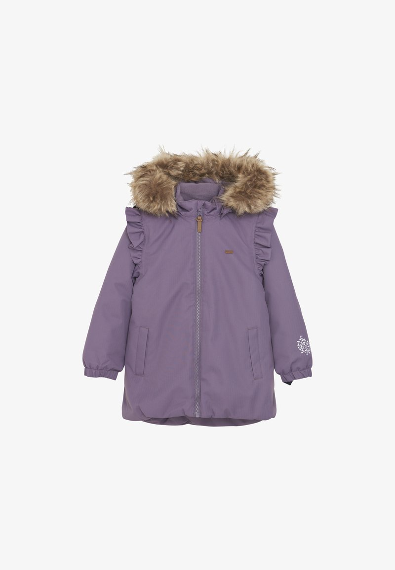 Lila Winterjacke mit abnehmbarem Kunstfellkapuze, Rüschendetails, Reißverschluss und zwei seitlichen Taschen. Mit einem Schneeflockendesign auf einem Ärmel.