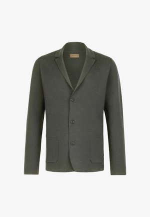 Ciemnozielona marynarka wykonana z teksturowanej tkaniny, z kołnierzykiem w kształcie litery V, czterema guzikami i dwiema przednimi kieszeniami.