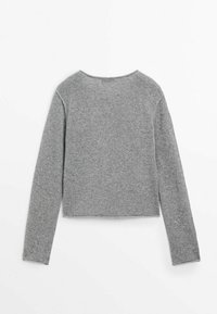 Pull en maille gris clair à manches longues avec un col rond, montré de dos sur fond blanc uni.