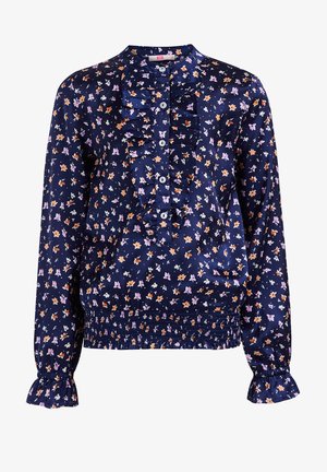 Navyblå bluse med lange ærmer med små orange og lilla blomsterprint, flæsedetalje foran, knapper, opsmøgede manchetter og elastisk kant.
