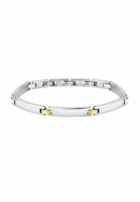 Bracciale d'argento con segmenti a catena, caratterizzato da accenti in oro, texture liscia e un design elegante e arrotondato.
