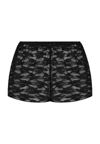 Μαύρα σορτς από δαντέλα με ελαστική μέση, που διαθέτουν ανθισμένο μοτίβο και λεπτομέρεια κουμπιού μπροστά. Διαφανές ύφασμα με χαλαρή εφαρμογή.