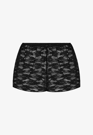 Zwarte kanten shorts met een elastische tailleband, voorzien van een bloemmotief en knoopdetail aan de voorkant. Doorzichtig stof met een losse pasvorm.