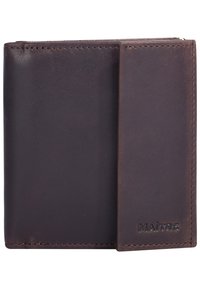 Portafoglio in pelle marrone scuro con texture liscia, design minimalista e dettaglio del marchio impresso. Contiene una clip laterale per le carte.