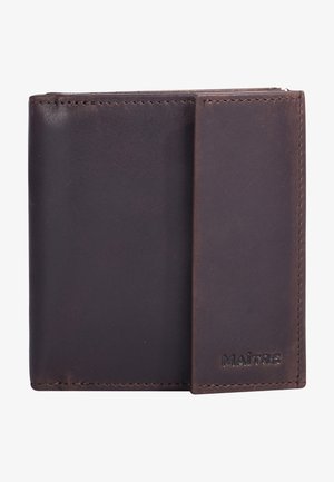 Dunkelbraune Geldbörse aus Leder mit glatter Textur, minimalistischem Design und geprägtem Logo. Enthält einen seitlichen Clip für Karten.