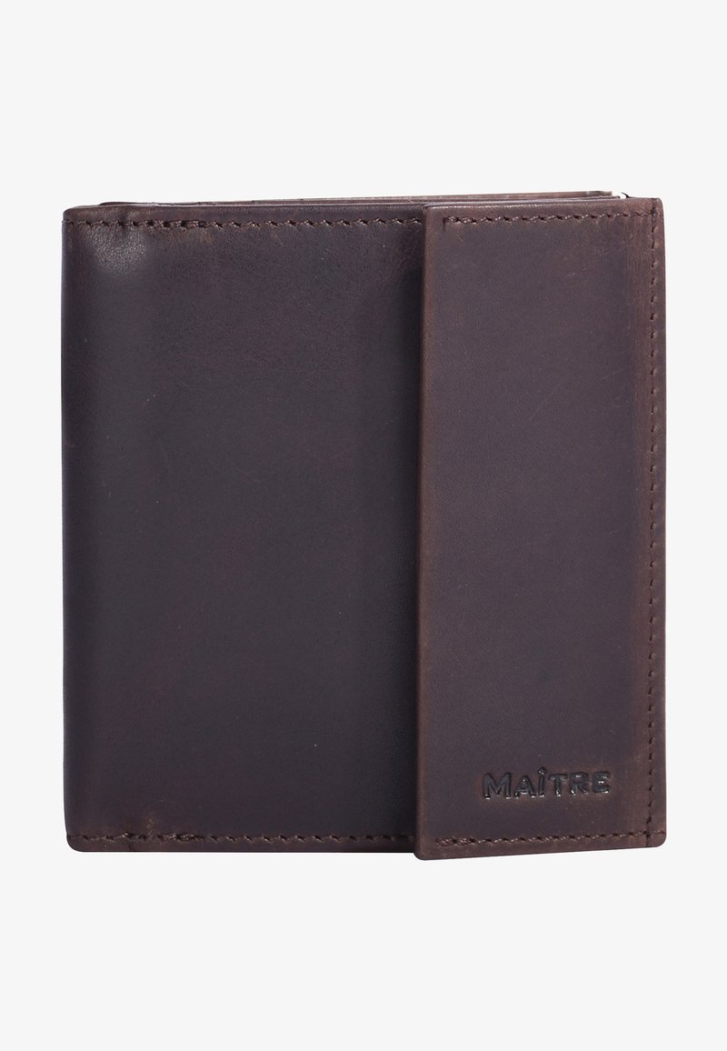 Dunkelbraune Geldbörse aus Leder mit glatter Textur, minimalistischem Design und geprägtem Logo. Enthält einen seitlichen Clip für Karten.