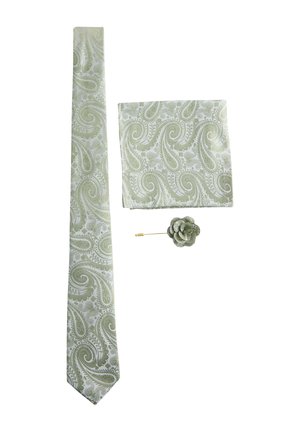 Light green paisley patterned men's tie, matching pocket square, and fabric flower lapel pin with gold stem on white background.