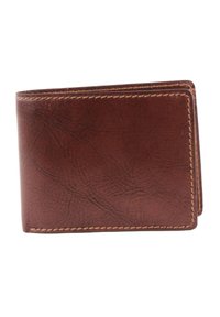 Portafoglio in pelle marrone con superficie testurizzata, design a doppio ripiegamento e cuciture a contrasto. Presenta linee pulite e una forma compatta.