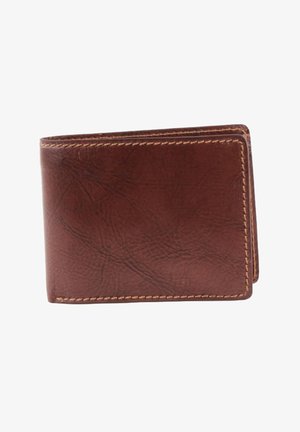 Brown leather wallet with a textured surface, bi-fold design, and contrasting stitching. Features clean lines and compact shape.