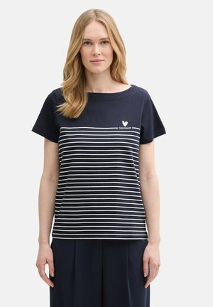 Navy blauwe katoenen t-shirt met een ronde halslijn, korte mouwen en witte horizontale strepen met een klein logo op de borst.