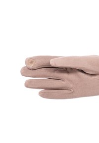 Guanti beige realizzati in materiale morbido, con cinque dita, dotati di una punta arrotondata e di un piccolo design ricamato nella zona del polso.