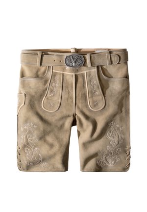 Beige leather shorts with intricate floral embroidery, a silver belt buckle, and side lace accents. Soft suede texture throughout.