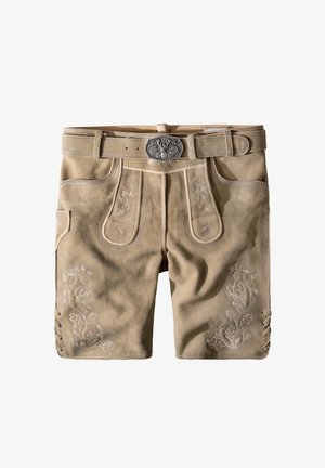 Beige lædershorts med intrikate blomsterbroderier, en sølvbæltespænde og sidesnøredetaljer. Blød ruskindsoverflade hele vejen igennem.