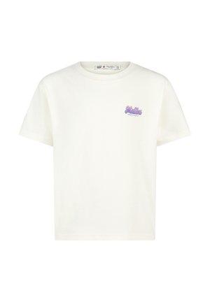 Witte katoenen t-shirt met een ronde halslijn en korte mouwen, met "Reality" geborduurd in paars op de linkerkant van de borst.