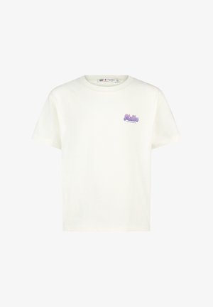 Witte katoenen t-shirt met een ronde halslijn en korte mouwen, met "Reality" geborduurd in paars op de linkerkant van de borst.