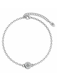 Braccialetto in argento con catena, caratterizzato da una pietra centrale rotonda e trasparente, finitura lucida, con chiusura a moschettone e catena di estensione per una lunghezza regolabile.