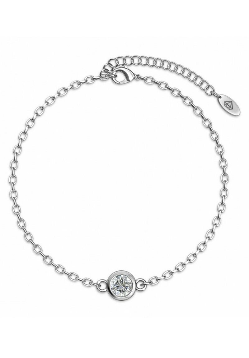 Braccialetto in argento con catena, caratterizzato da una pietra centrale rotonda e trasparente, finitura lucida, con chiusura a moschettone e catena di estensione per una lunghezza regolabile.