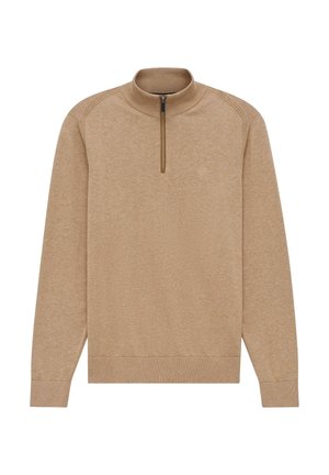 Hellbraunes Sweatshirt mit Reißverschluss, hohem Kragen, gerippten Bündchen und Saum. Verfügt über flache Nähte und ein kleines Logo auf der Brust.