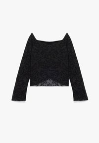 Sort blondelæns langærmet top med firkantet halsudskæring, der har blomsterprint og et cropped design, lavet af let, transparent stof.