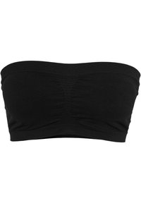 Haut bandeau noir sans bretelles en tissu doux avec fronces au centre. Matériau extensible et design sans coutures pour un ajustement confortable.