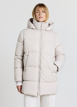 Puffer jacket in light beige with a front zipper and a hood. Features quilted sections and elastic cuffs, made from smooth, insulated material.