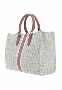 Borsa beige con un motivo geometrico, dettagli in pelle rosa e hardware dorato. Presenta doppio manico e un design centrale a strisce.
